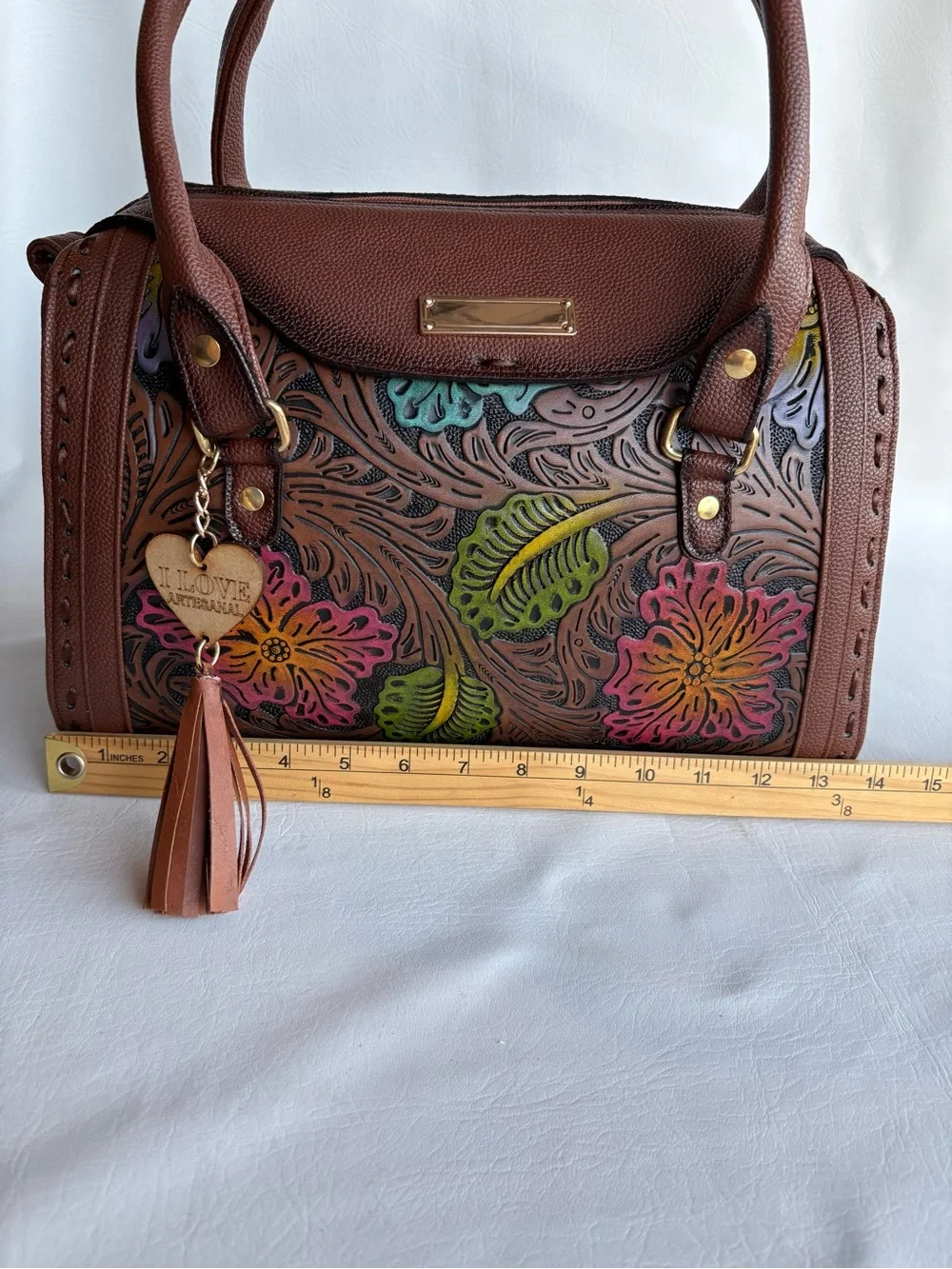 Artisanal Handmade Tooled Vegan Leather Satchel Brown handbag Women Floral